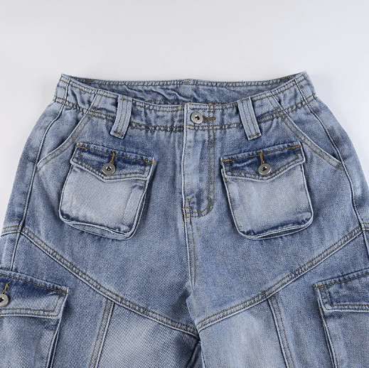 American washed multi-pocket jeans pants