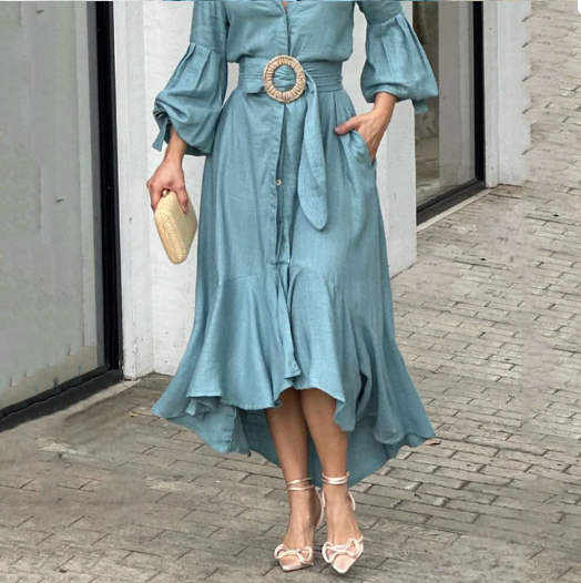 Green Casual Full Sleeve V Neck Lapel Long Dress