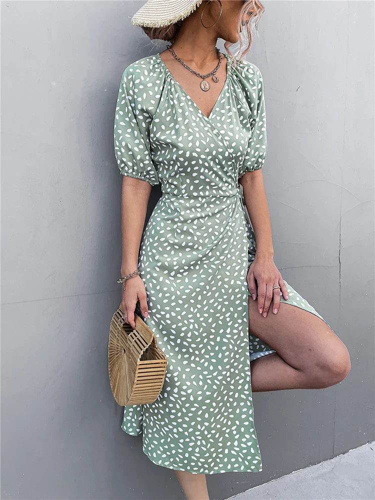 Female Puff Sleeve A-line Split Dress Side Wrap Midi Boho Dress