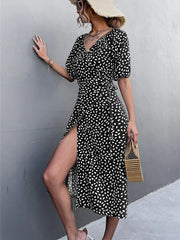 Female Puff Sleeve A-line Split Dress Side Wrap Midi Boho Dress