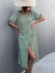 Female Puff Sleeve A-line Split Dress Side Wrap Midi Boho Dress