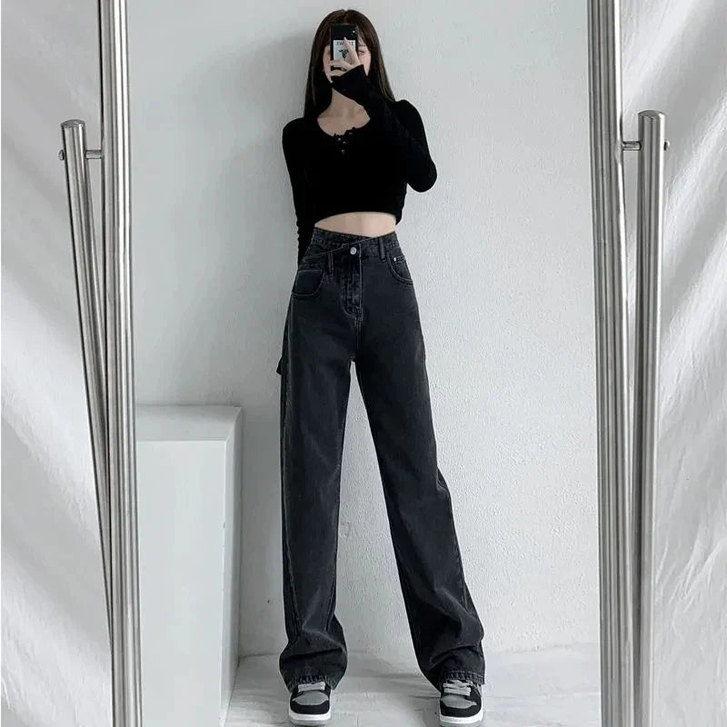 Spring Autumn Irregular High Waist Black Chic Jeans