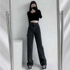 Spring Autumn Irregular High Waist Black Chic Jeans