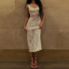 Sleeveless French Style Vintage Split Maxi Dress