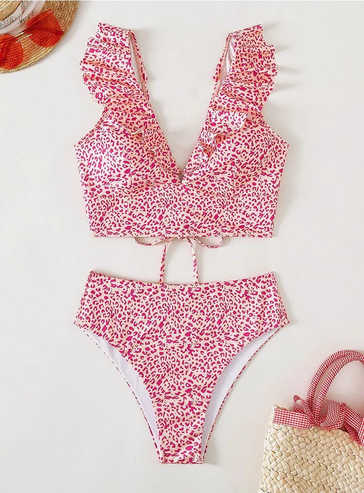 Multicolor Lace V-Neck Ruffle High Waist Basic Swimsuit