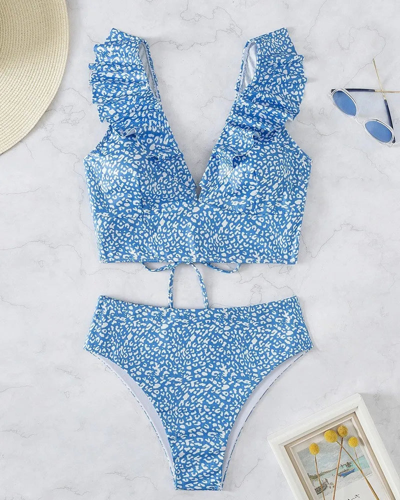 Multicolor Lace V-Neck Ruffle High Waist Basic Swimsuit