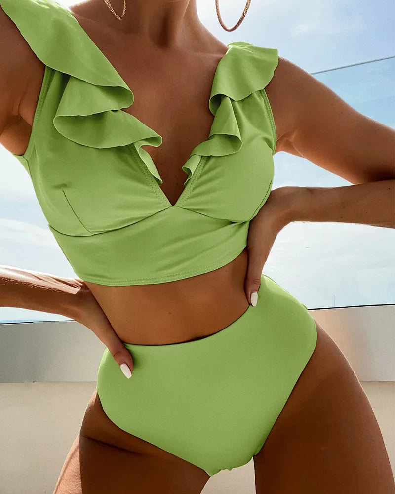 Multicolor Lace V-Neck Ruffle High Waist Basic Swimsuit