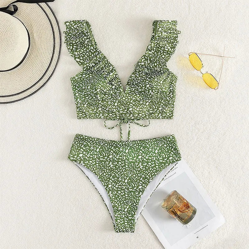 Multicolor Lace V-Neck Ruffle High Waist Basic Swimsuit