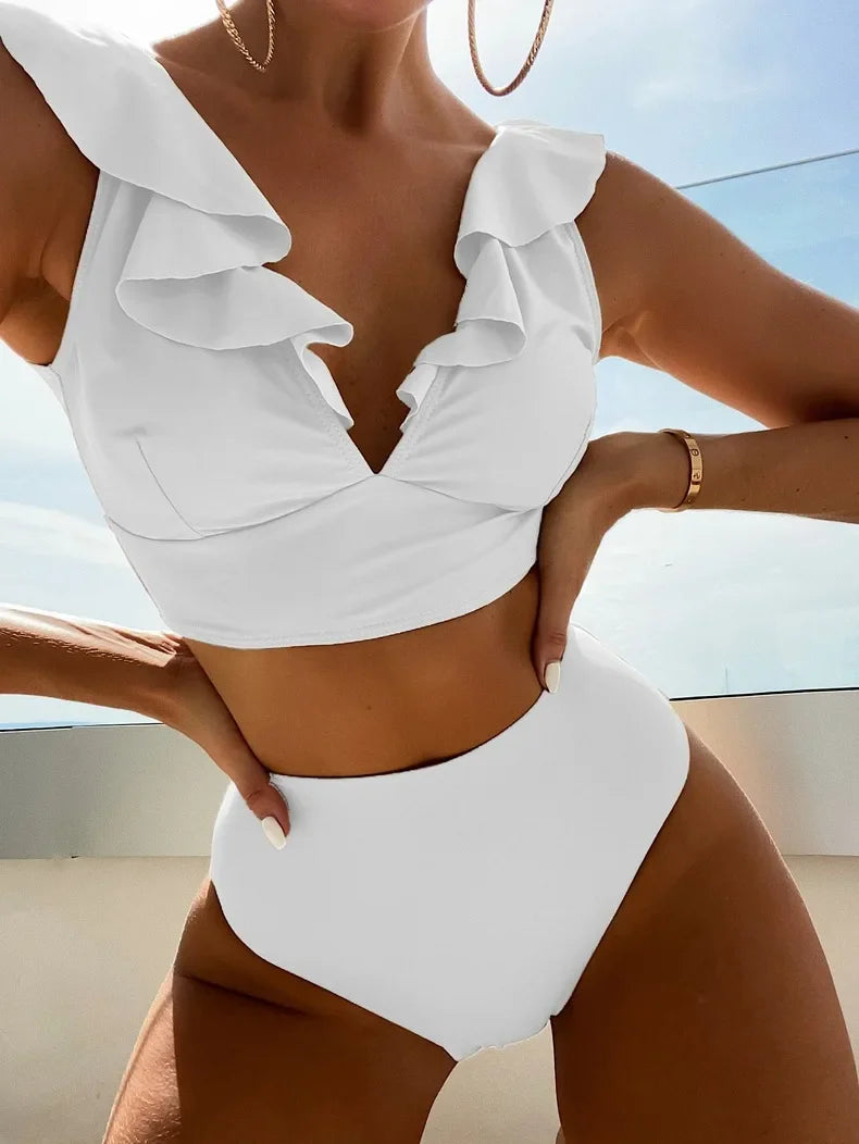 Multicolor Lace V-Neck Ruffle High Waist Basic Swimsuit
