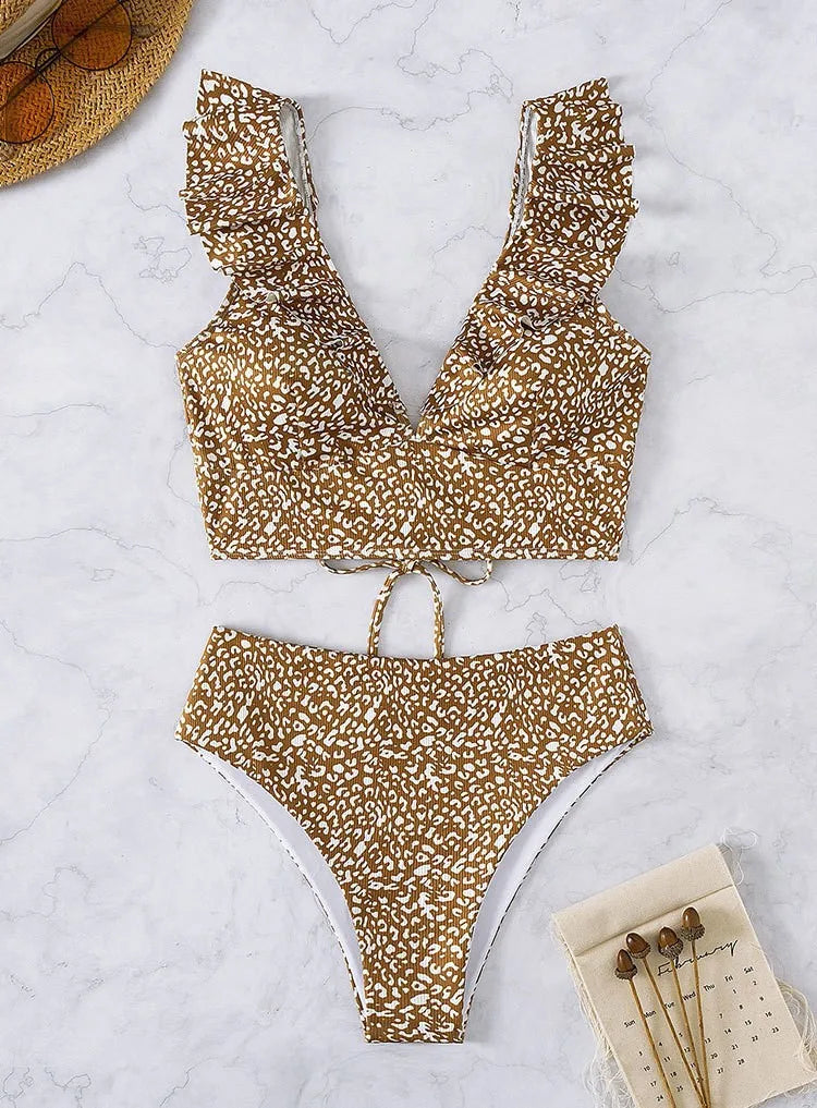 Multicolor Lace V-Neck Ruffle High Waist Basic Swimsuit