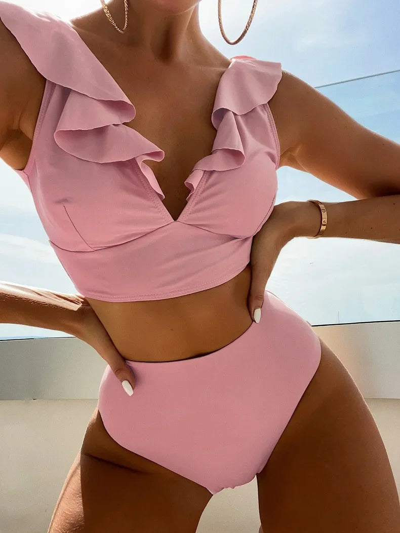 Multicolor Lace V-Neck Ruffle High Waist Basic Swimsuit