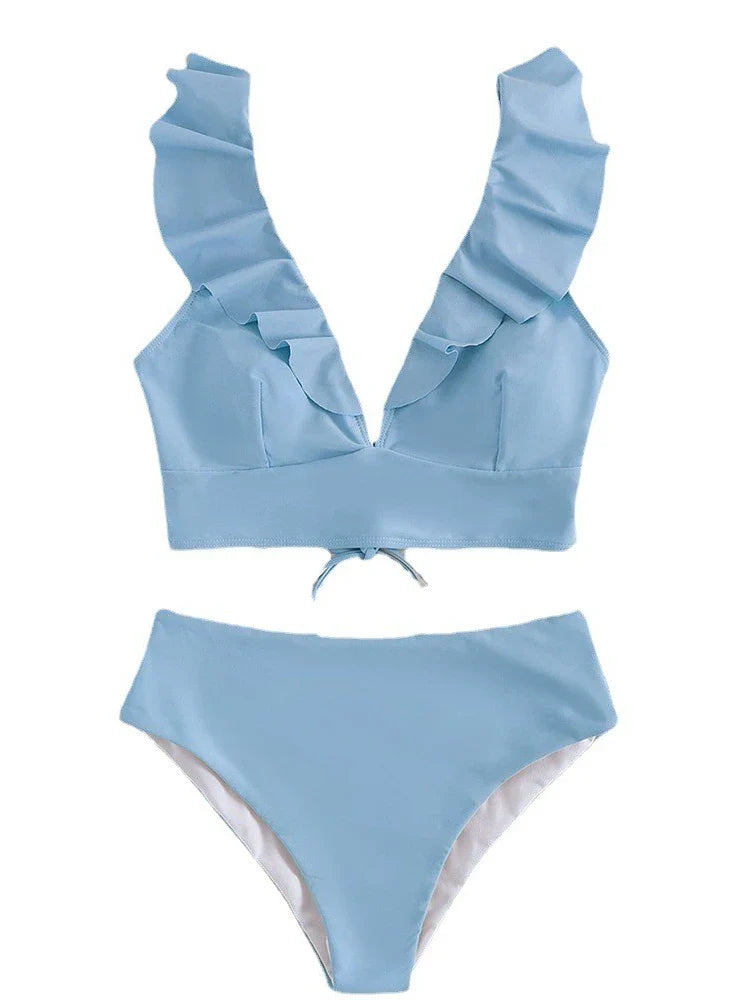 Multicolor Lace V-Neck Ruffle High Waist Basic Swimsuit