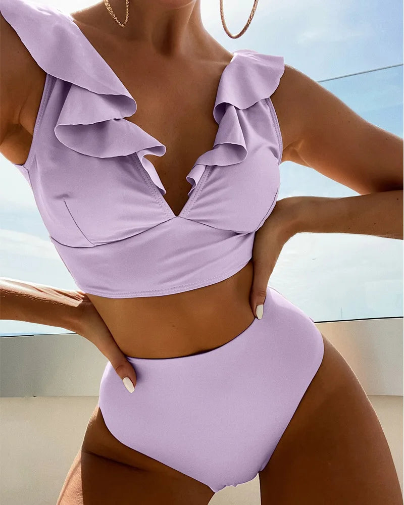 Multicolor Lace V-Neck Ruffle High Waist Basic Swimsuit