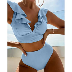 Multicolor Lace V-Neck Ruffle High Waist Basic Swimsuit