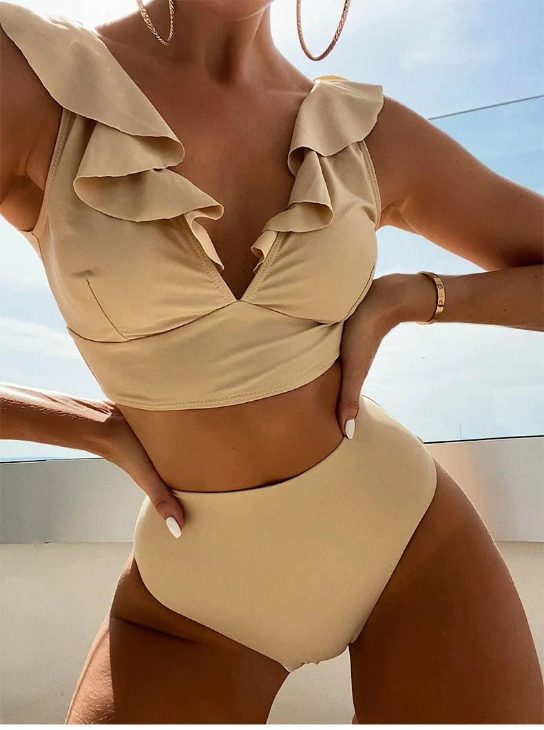 Multicolor Lace V-Neck Ruffle High Waist Basic Swimsuit