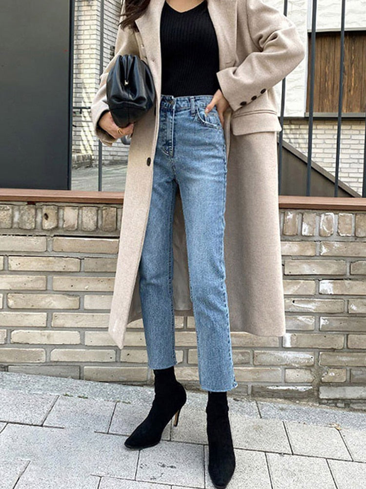 High Waist Ankle Length Straight Pants Slim Fit Washed Female Denim Trousers Boyfriend Girl Jean