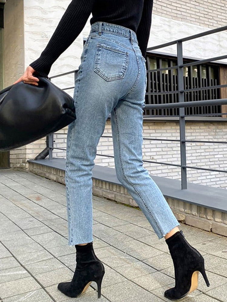 High Waist Ankle Length Straight Pants Slim Fit Washed Female Denim Trousers Boyfriend Girl Jean