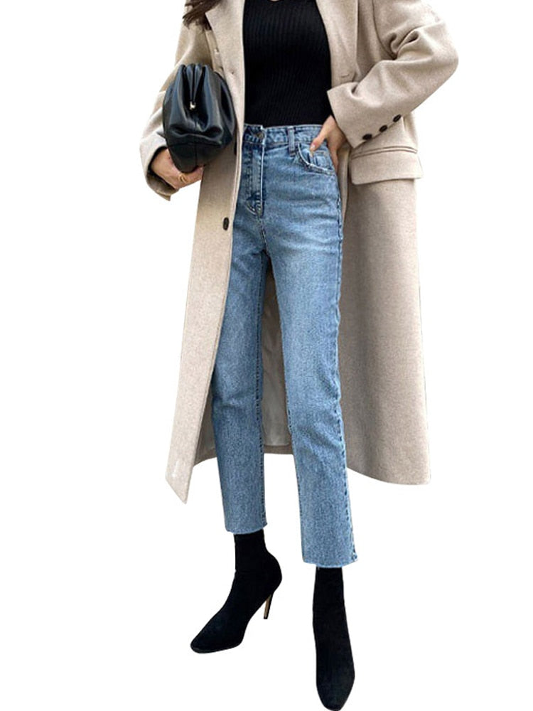 High Waist Ankle Length Straight Pants Slim Fit Washed Female Denim Trousers Boyfriend Girl Jean