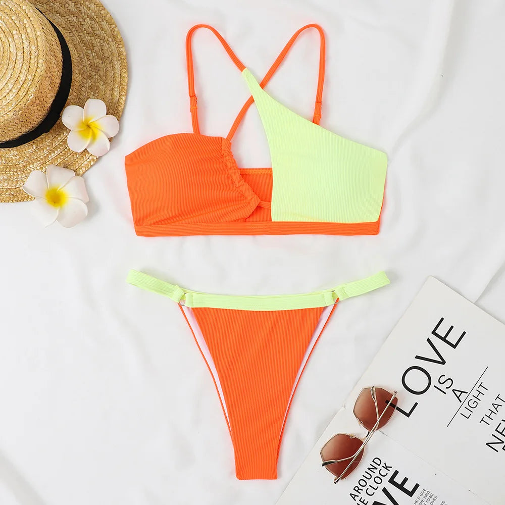 New Criss Cross Color Block Bikini Set