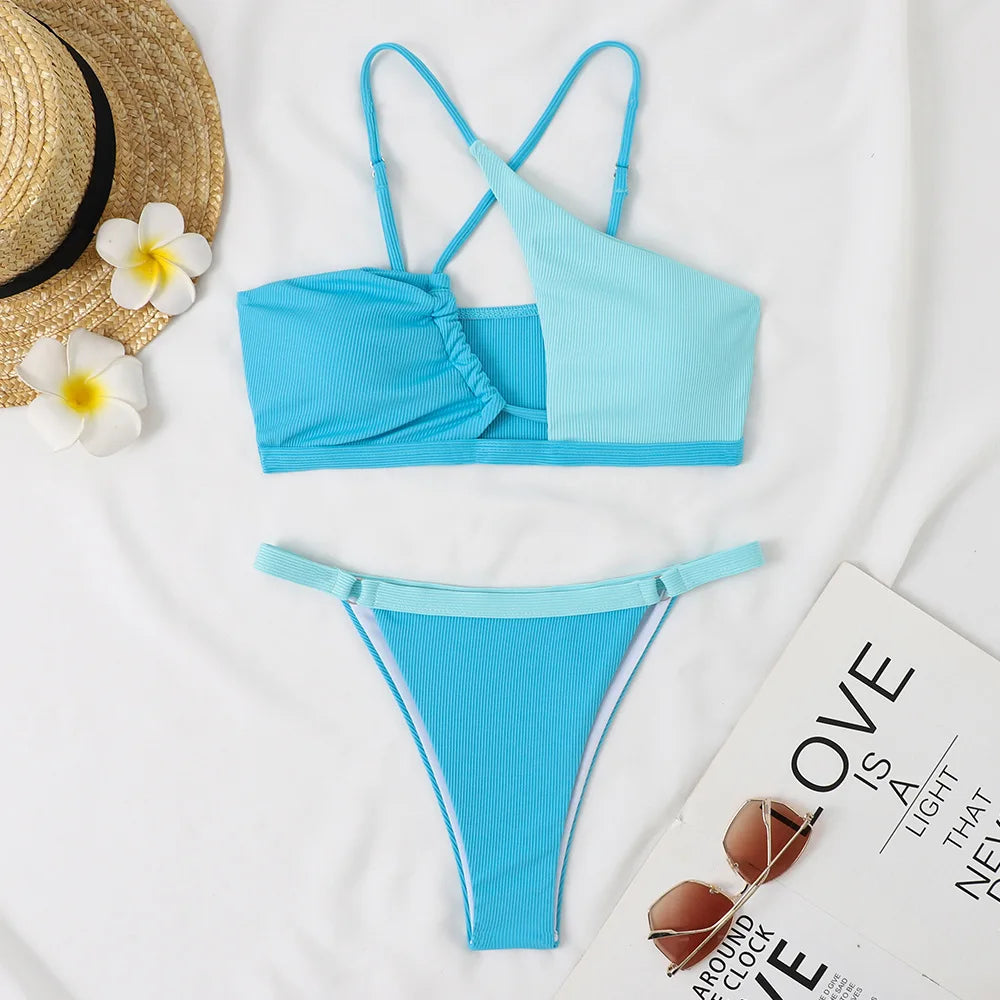 New Criss Cross Color Block Bikini Set