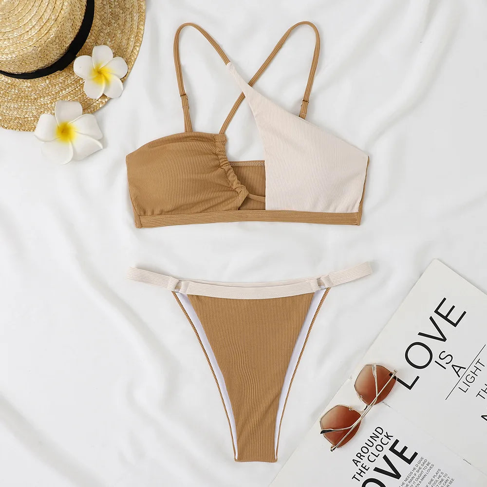 New Criss Cross Color Block Bikini Set