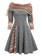 Convertible Striped Foldover Elegant Off-Shoulder Knitted Dresses