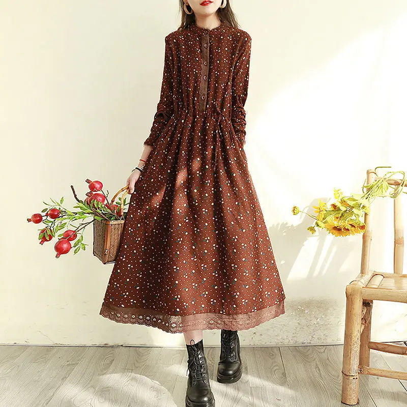 Vintage Loose Long Sleeve Cotton Linen Print Midi Boho Dress