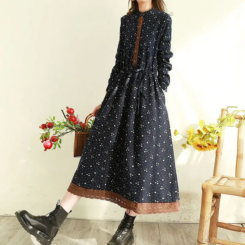 Vintage Loose Long Sleeve Cotton Linen Print Midi Boho Dress