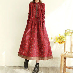 Vintage Loose Long Sleeve Cotton Linen Print Midi Boho Dress