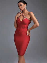Crystal Red Halter Neck Midi Evening Party Bodycon Dress
