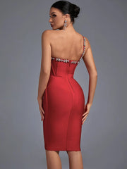 Crystal Red Halter Neck Midi Evening Party Bodycon Dress