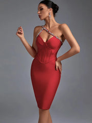Crystal Red Halter Neck Midi Evening Party Bodycon Dress