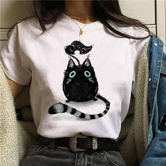 Cute Cartoon Cat Mushroom Print T Shirt