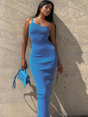 Blue Solid Suspenders Halter Hollow Out Maxi Dress