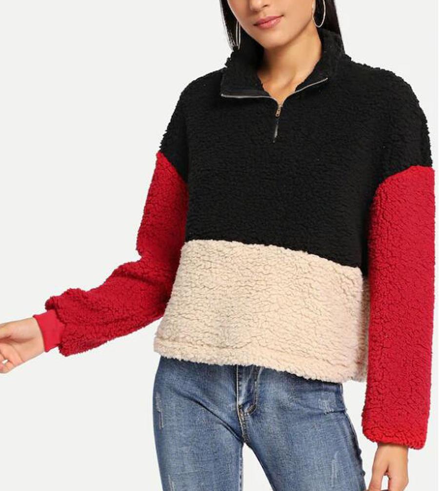 Thick Zipper Stand Collar Color Matching Plush Sweater