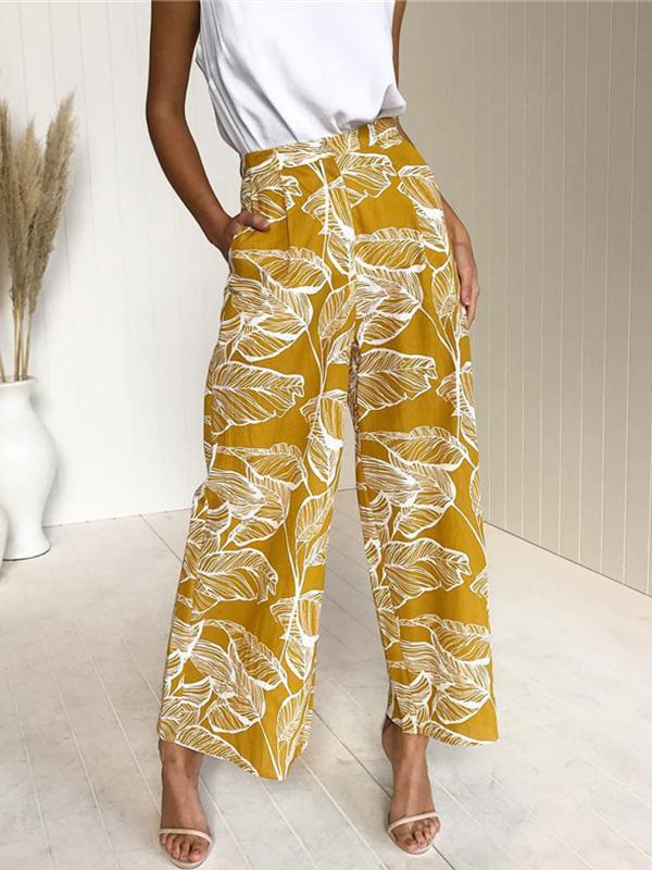 Leaf printed slacks Casual Loose Daily Long Pants