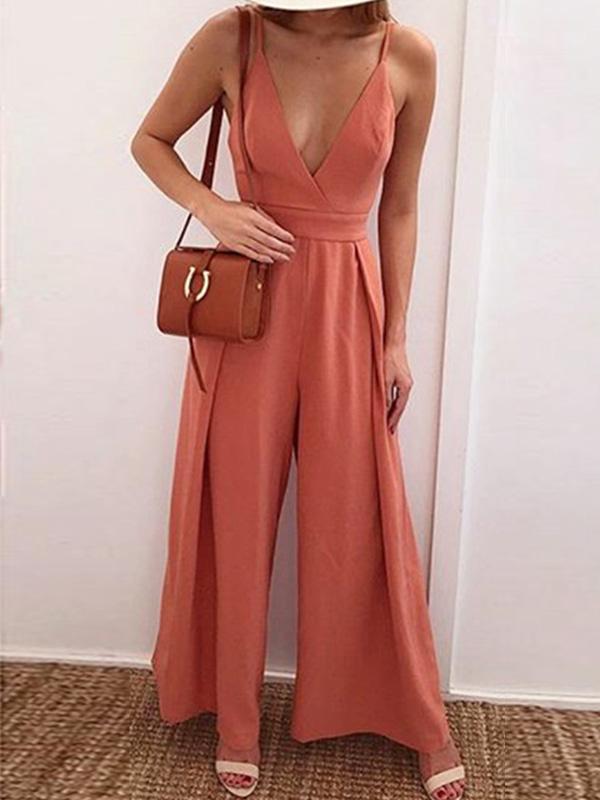 Stylish halter top sexy v-neck bow-back jumpsuits