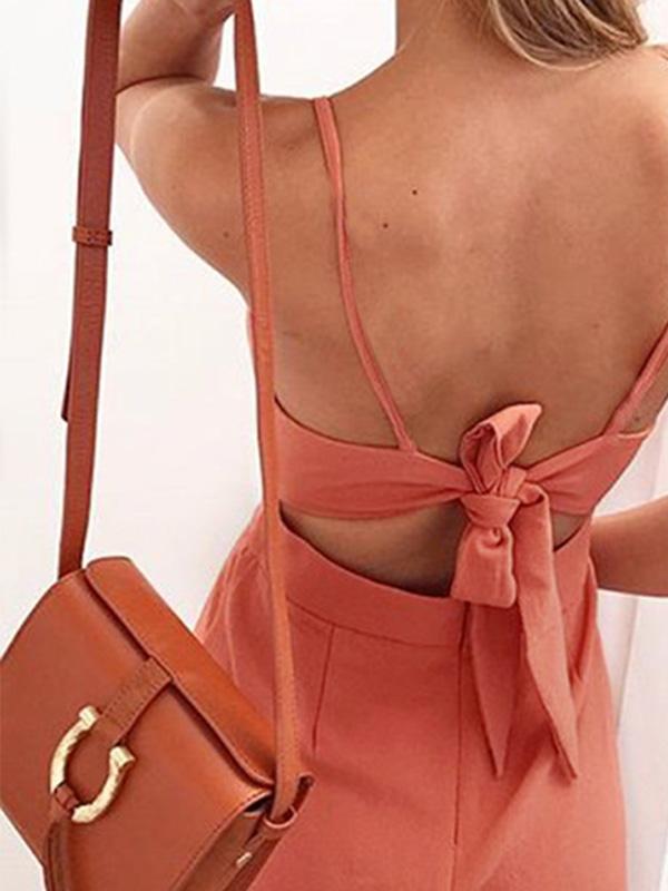 Stylish halter top sexy v-neck bow-back jumpsuits