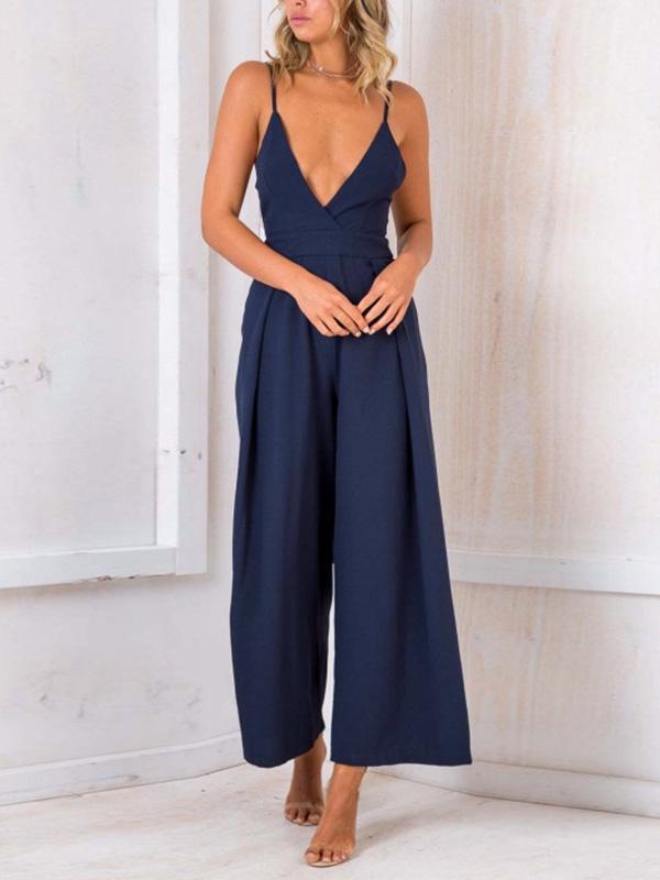 Stylish halter top sexy v-neck bow-back jumpsuits