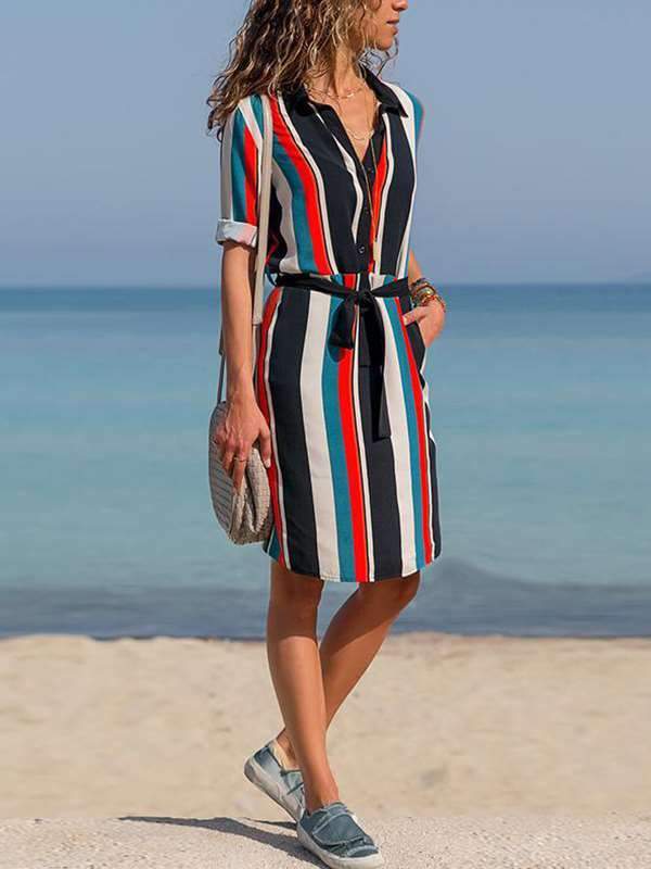 Striped Printed Lapel Lace Up Casual Dress