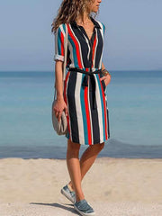Striped Printed Lapel Lace Up Casual Dress