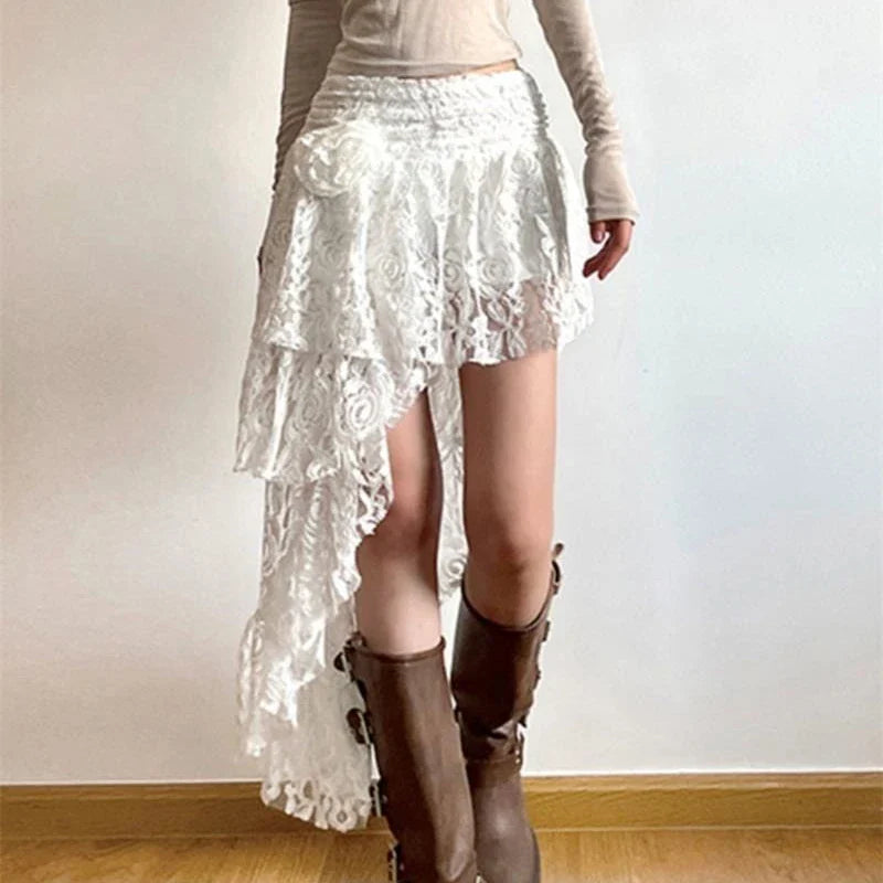 Boho Elegant Lace Irregular Layered Vintage Street Summer Mid Skirt