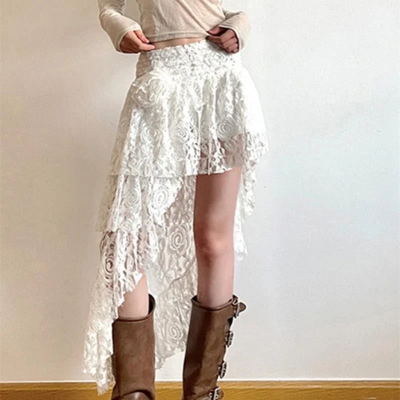 Boho Elegant Lace Irregular Layered Vintage Street Summer Mid Skirt