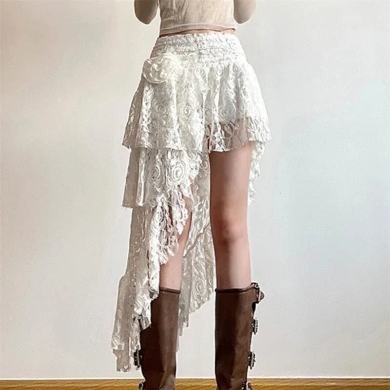 Boho Elegant Lace Irregular Layered Vintage Street Summer Mid Skirt