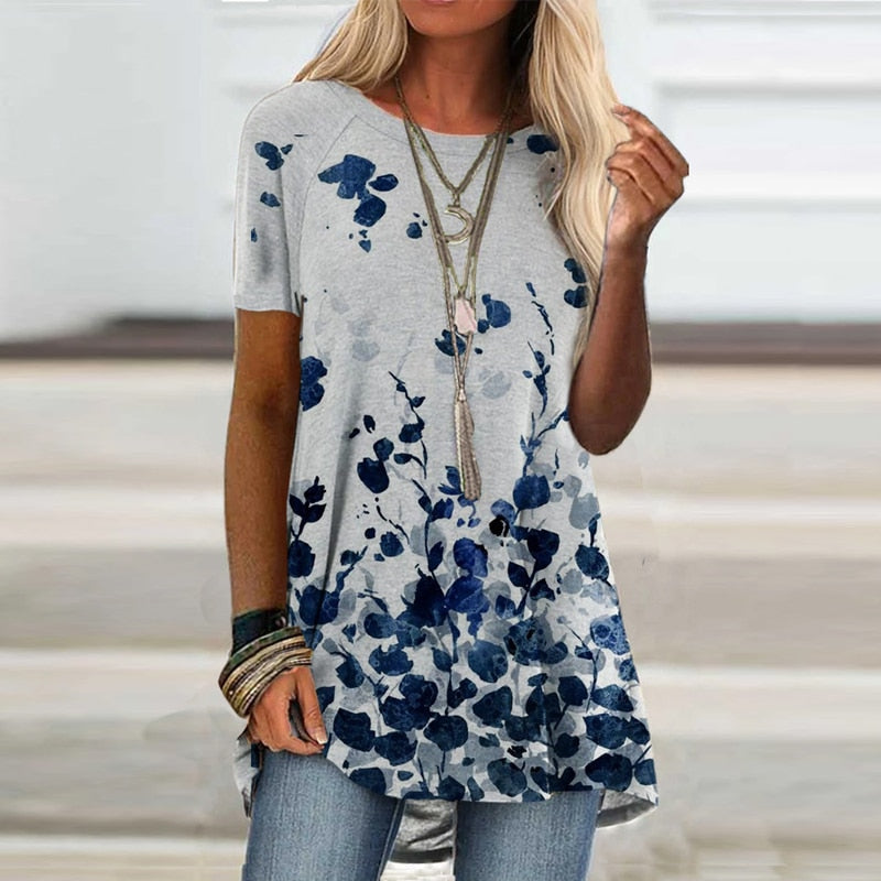 Digital Printed Blouse Short Sleeve Loose Shirt Casual Lady Pullover Shirt