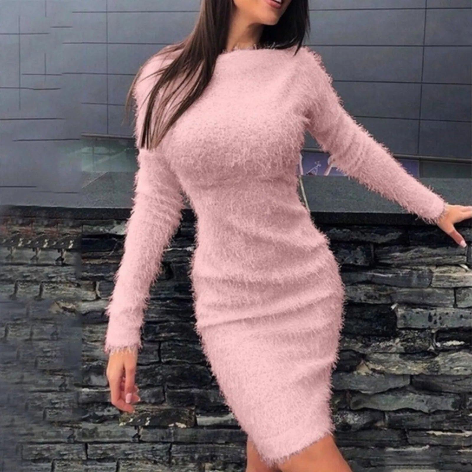 Long Sleeves O-Neck Mini Chic Slim Plush Knit Bodycon Dress