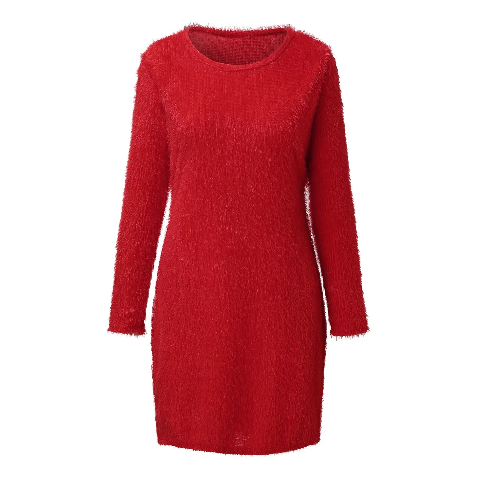 Long Sleeves O-Neck Mini Chic Slim Plush Knit Bodycon Dress