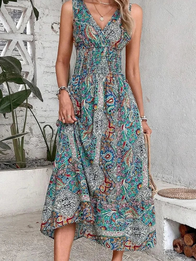 Elegant Bohemia Printed Sleeveless High Waist Summer Long Boho Dress