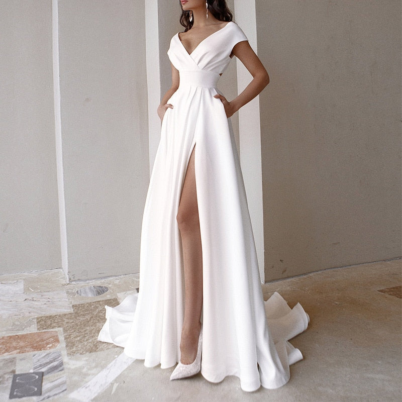 Elegant Casual Women's Dresses  V-neck Side Slit Backless White Long Skirt Wedding