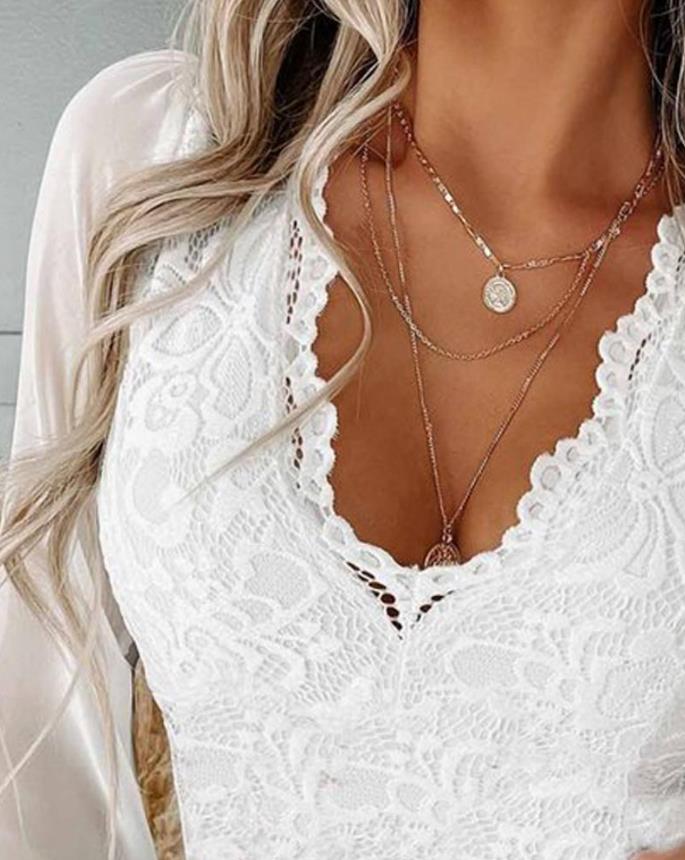 Elegant Contrast Mesh Long Sleeve Lace Top Fashion Woman Blouses Shirt